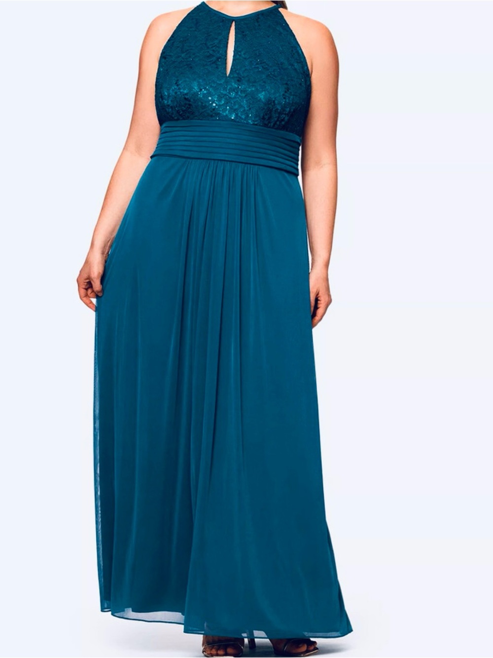Betsy & Adam Halter Gown Lace Sequin Dark Blue Pleated Keyhole Formal